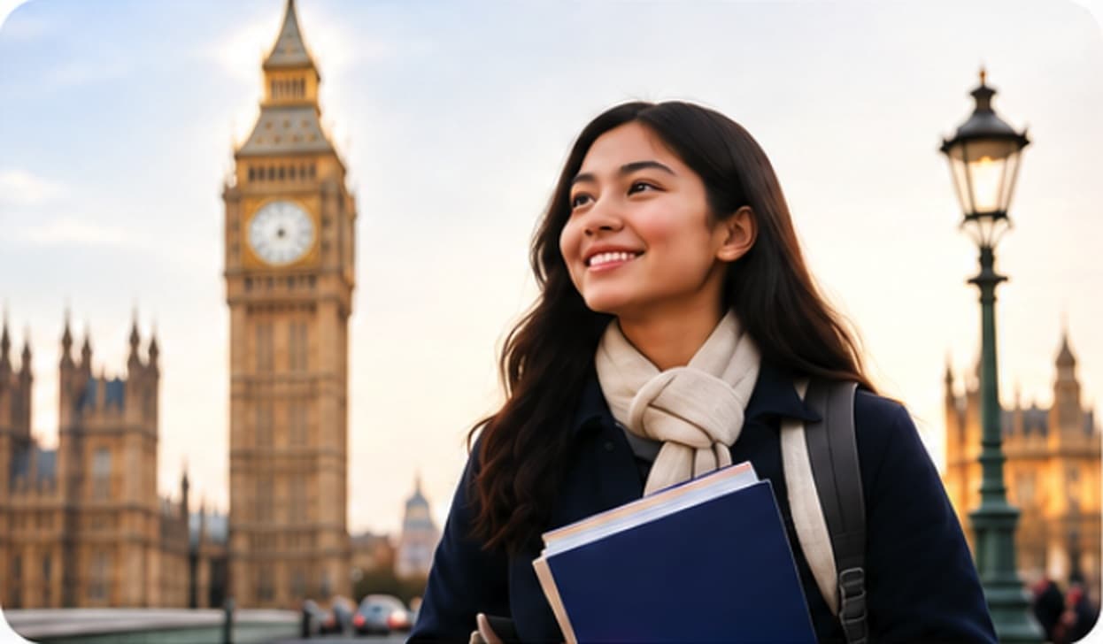An international student standing by the Houses of Parliament with her books, looking up.